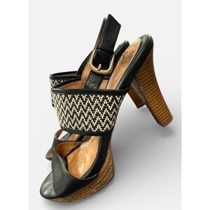Sofft Womens Black White Woven‎ Leather Platform Slingback Comfort Heels Sz 11M